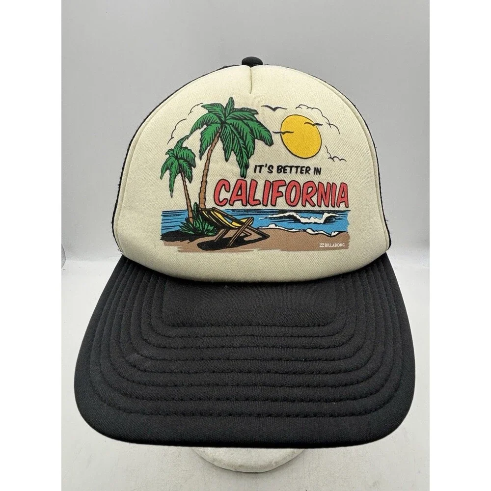 Billabong California Trucker Hat Snapback Black Foam Mesh Surf Beach Sun Cap
